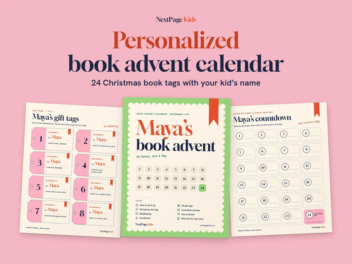Book Advent Calendar Kit, sample pages made for a sample name